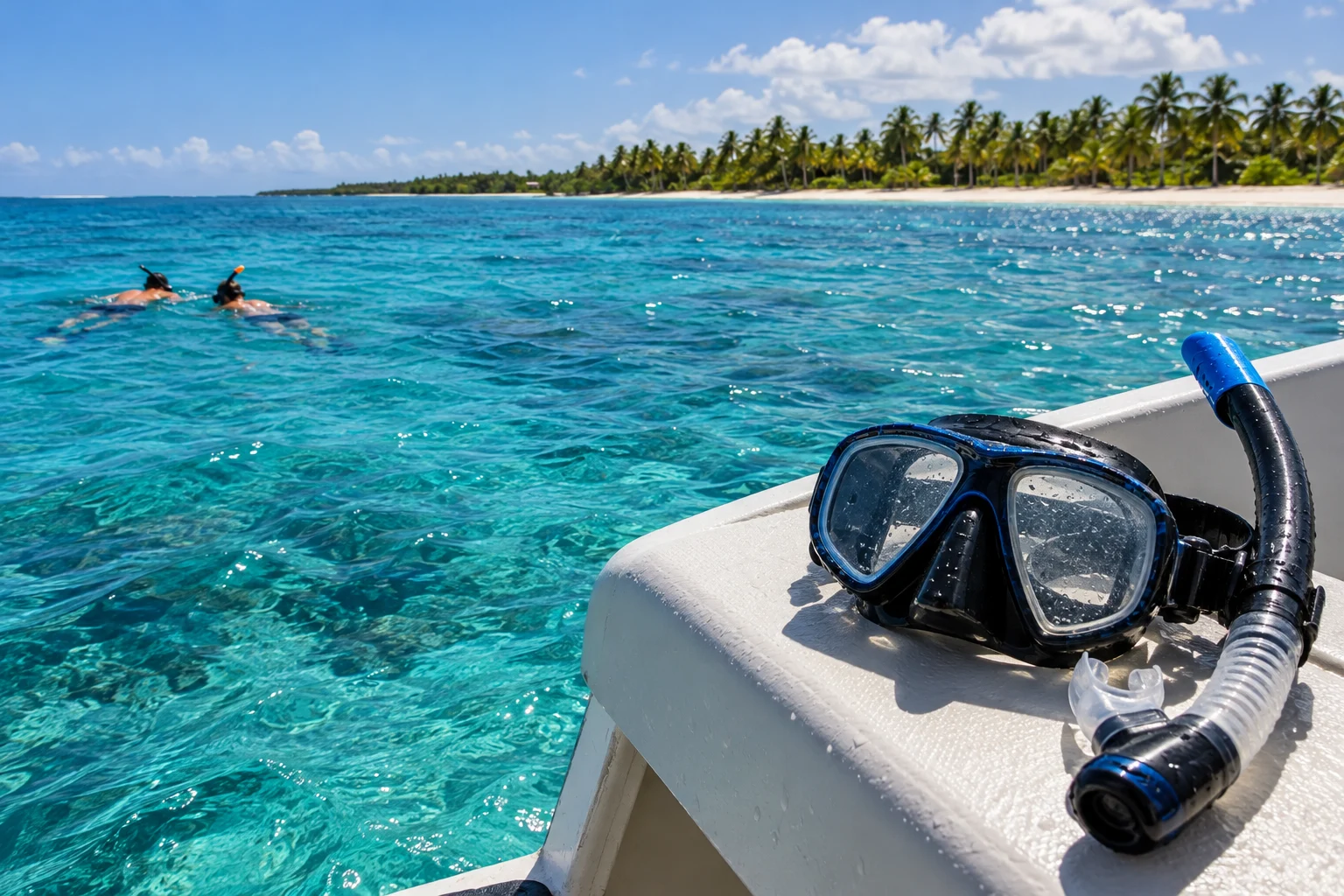 Snorkeling mask on a boat bench with turquoise water, two distant snorkelers and a palm-lined Caribbean shore