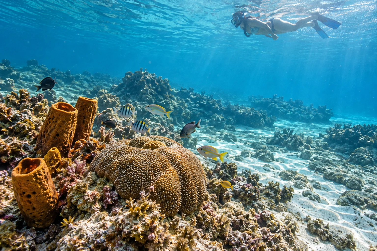 Persona haciendo snorkel sobre un arrecife con peces pequeños, coral redondeado y esponjas tubulares