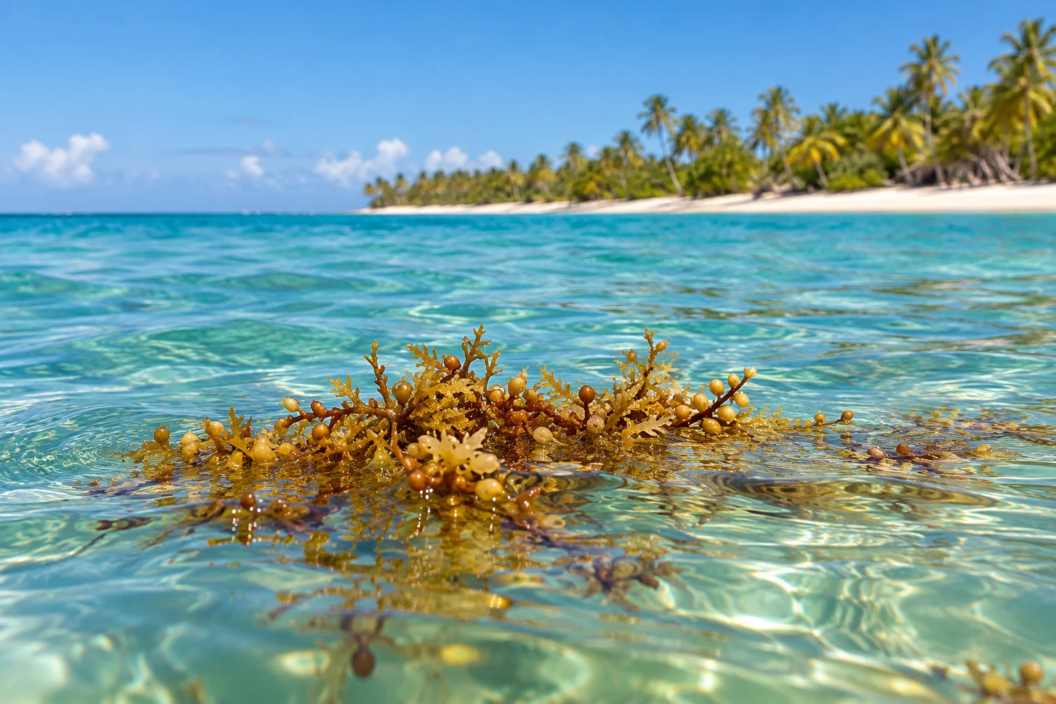 Small golden-brown seaweed clump floating in Caribbean water with a palm-lined shoreline in the distance