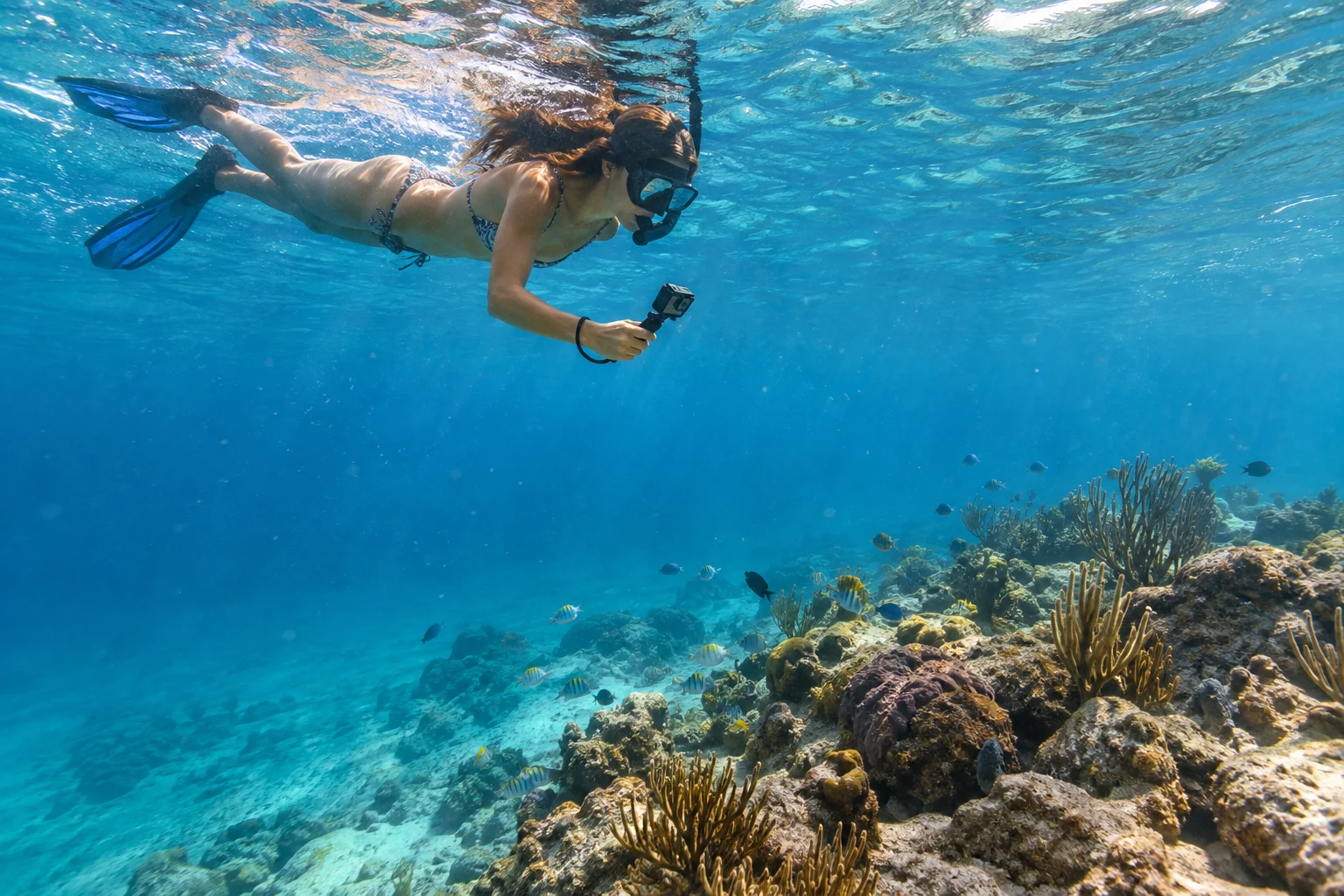 Snorkeler holding a small camera near the surface with open water between them and a Caribbean reef
