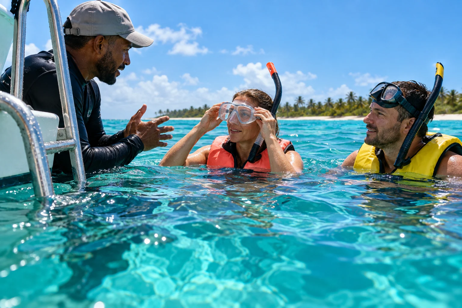 Beginners checking snorkeling masks beside a boat in turquoise Caribbean water